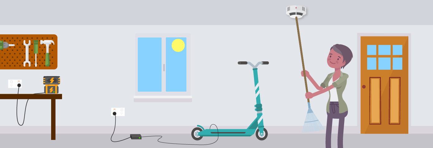 Cartoon of an ebike charging during the day in a garage while an adult is checking a smoke alarm.