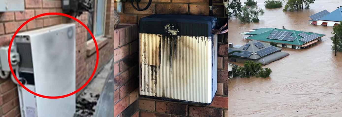Photos of damaged BESS units. Flood photo source: Bradley Richardson/Australian Defence Force/AFP/Getty Images.